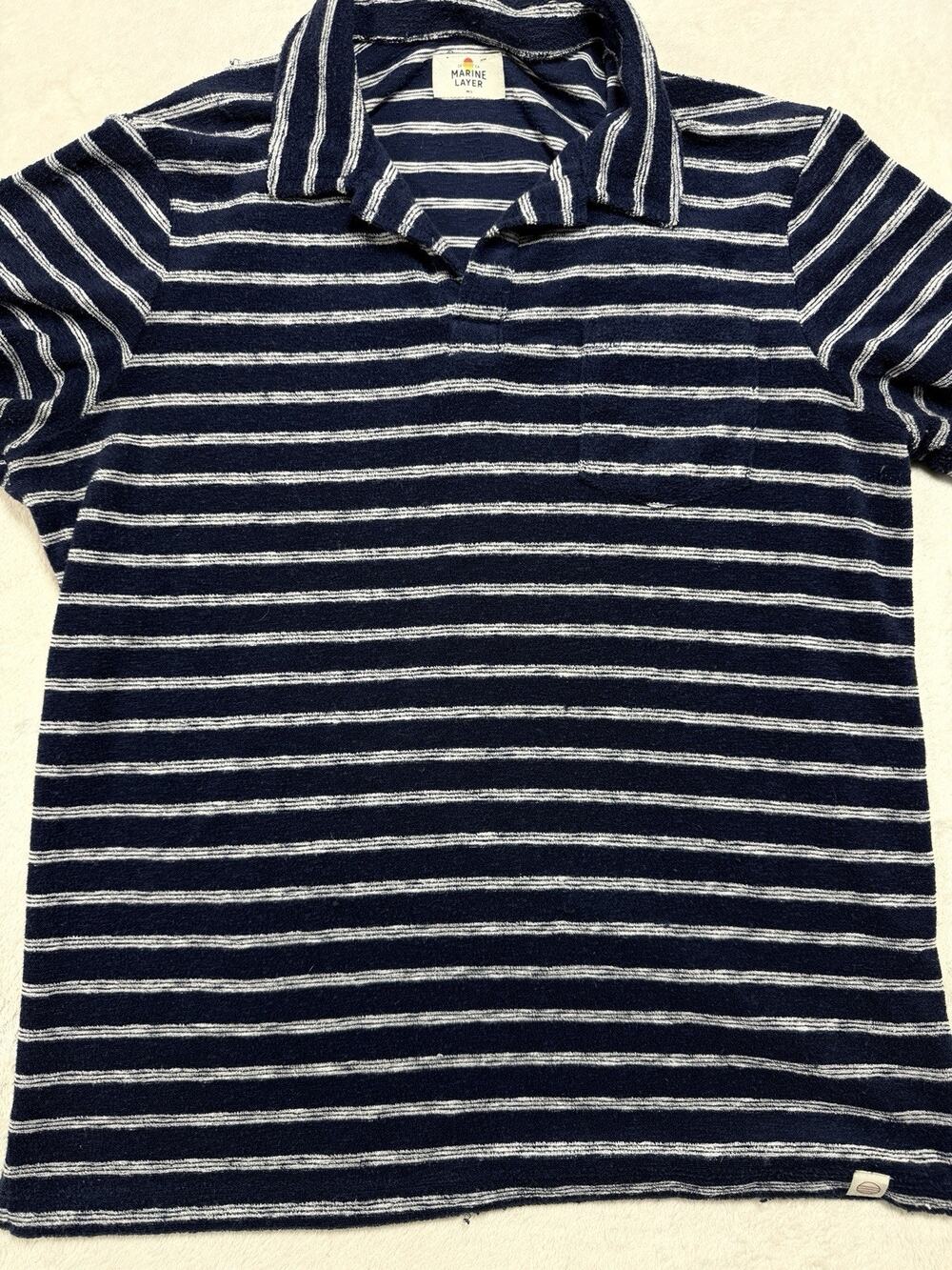 Marine Layer Cabana Terry Polo Shirt Navy Blue Striped Towel Beach Sz M/L 14353